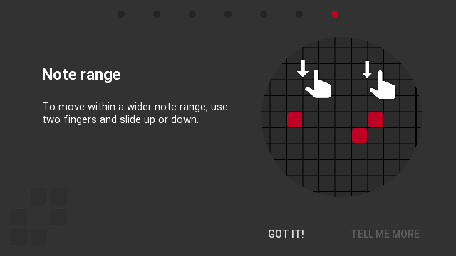 Help screen showing how to move through the note range